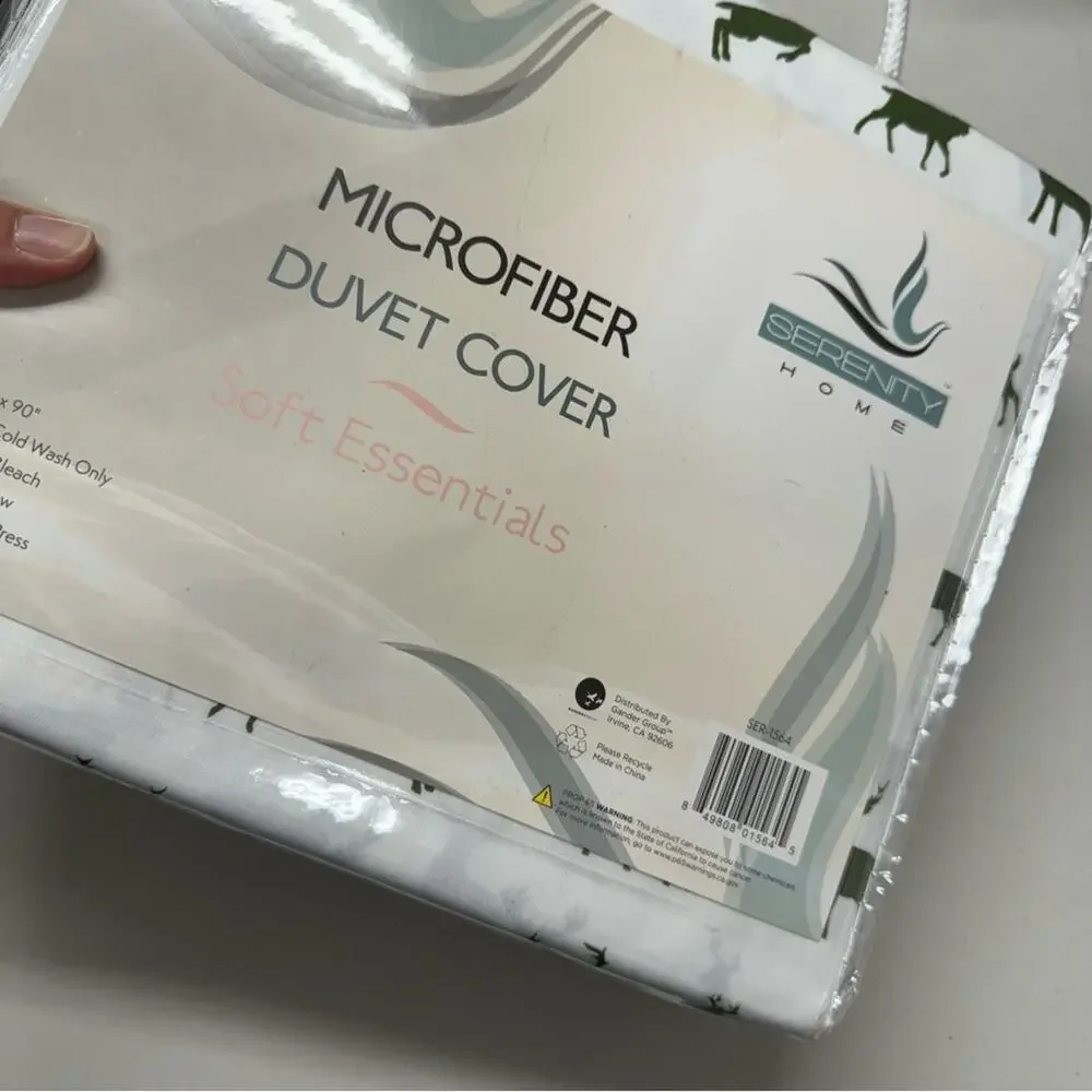 Queen Size Microfiber Duvet Cover White & Green Deer Print Christmas Holiday NEW